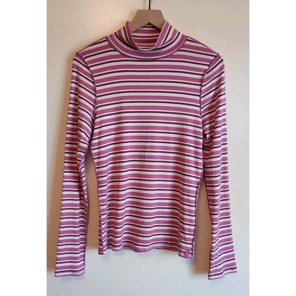 Free People We The Free Good Good Stripe Turtleneck Pink Brown L NWOT
